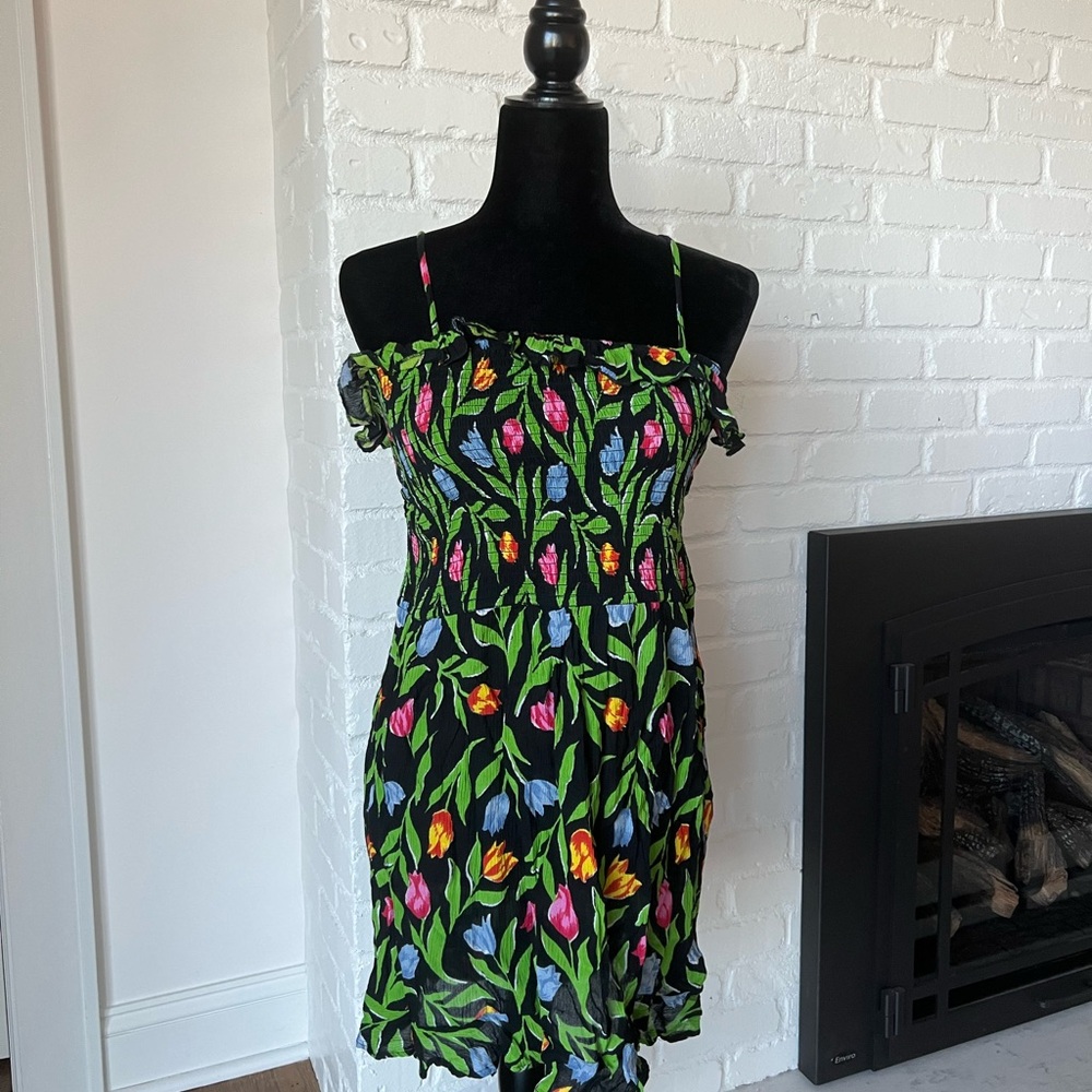 Urban Outfitters Sabrina Smocked Tulip Mini Dress, Large, Black Floral Dress